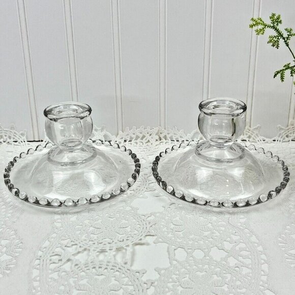 2 Vintage Imperial Clear Glass Candlewick Candle Holders 5.25 Inch Diameter - Picture 1 of 6